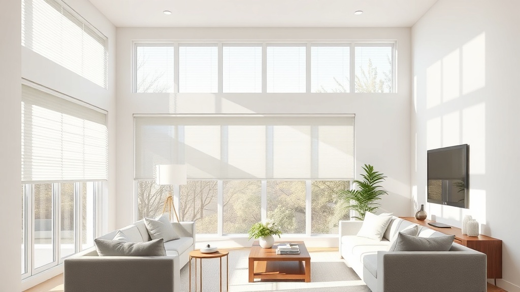 다양한 밝기의 커튼이 설치된 거실의 조도 차이를 보여주는 예시 이미지