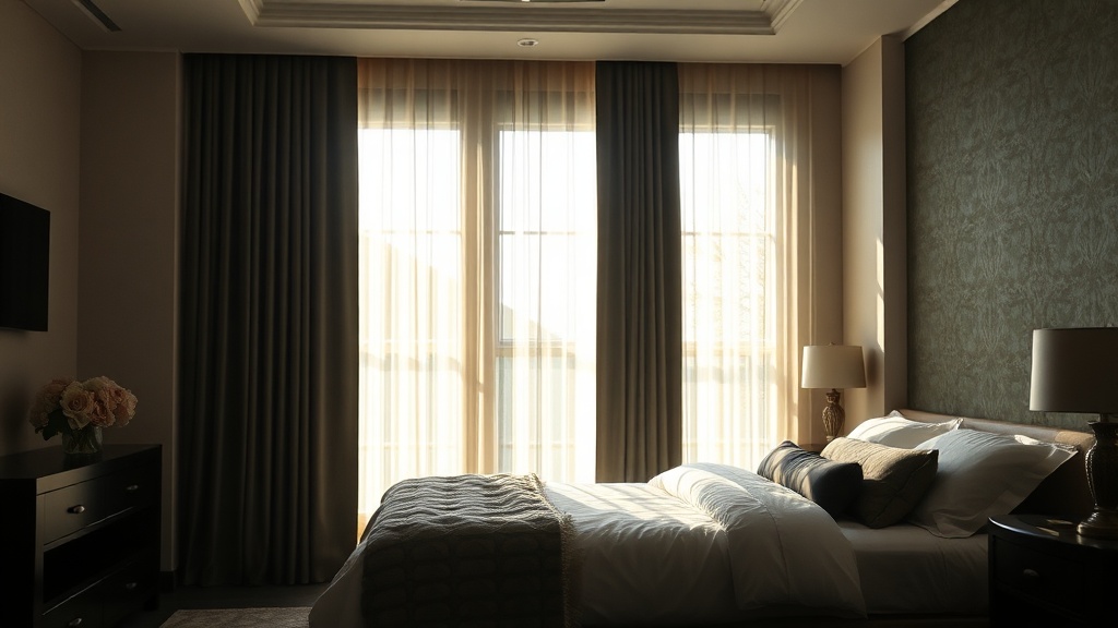 아침 햇빛이 은은하게 스며드는 침실 창가에 설치된 짙은 색상의 암막 커튼 모습