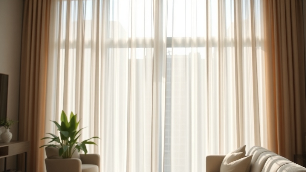 거실 창가에 설치된 반투명 커튼 사이로 부드러운 햇살이 스며들어 따뜻한 실내 분위기를 조성하는 모습