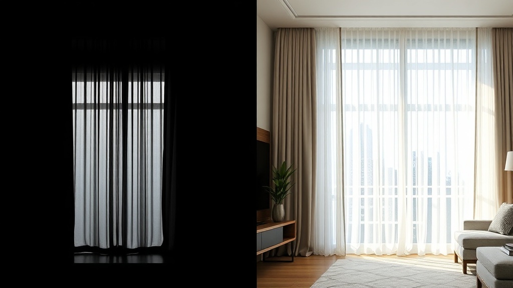 어두운 암막 커튼으로 폐쇄적인 느낌을 주는 방과 밝은 커튼으로 개방감을 주는 방의 시각적 대비